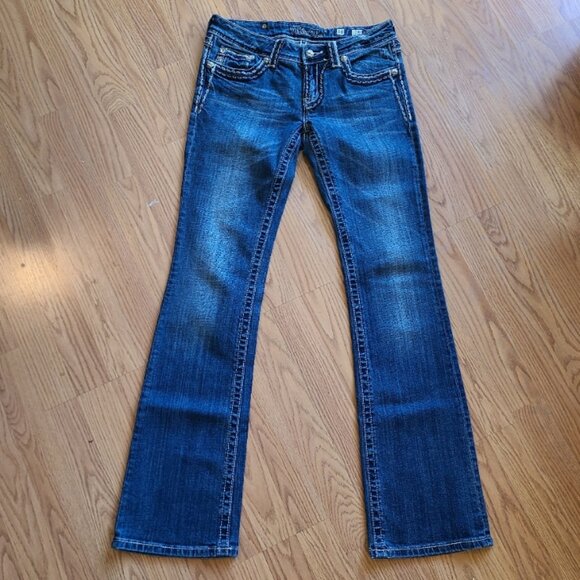 MISS ME HEAVY STITCH EMBELLISHED LOW RISE BOOT CUT JEANS STRETCH DENIM sz 28 - Picture 2 of 8